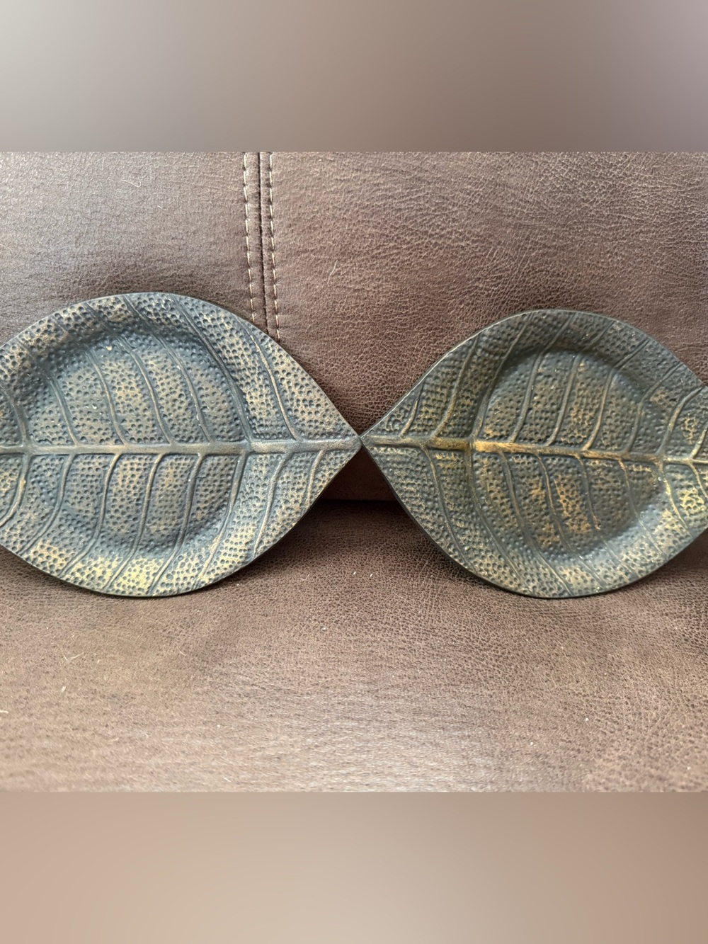 Crate and Barrel Oval Leaf Bronze Pillar Candleholder 2 Piece Set India 7.5"L